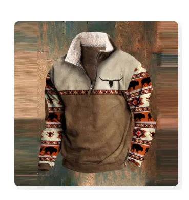 Long Sleeved Half Zippered Printed Casual Pocket Pullover Half Zipper Sweatshirt - Velora