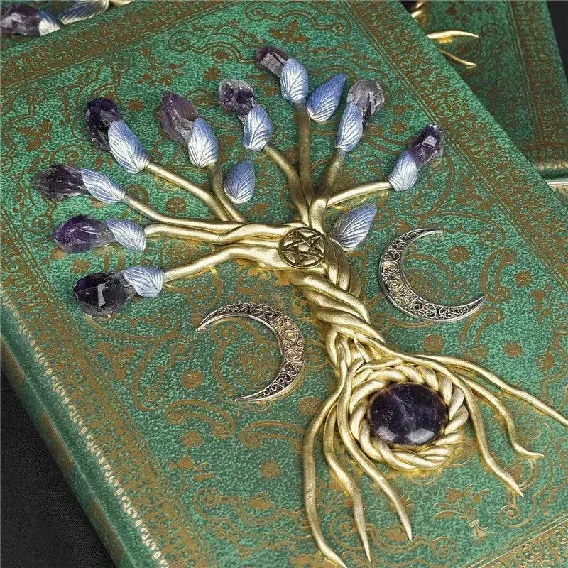 Simple Lucky Tree Pattern Personalized Creative Inlaid Natural Crystal Gem Journal Hard cover Note book - Velora