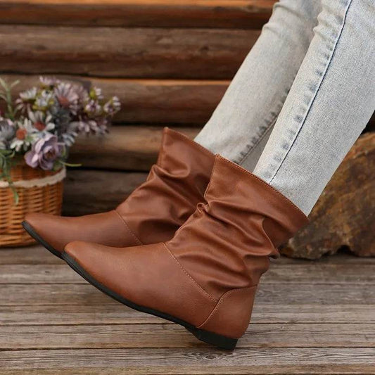 Fashion Round-toed Flat Boots Versatile Simple Slip-on Western Cowboy Boot Casual Short Shoes For Women - Velora