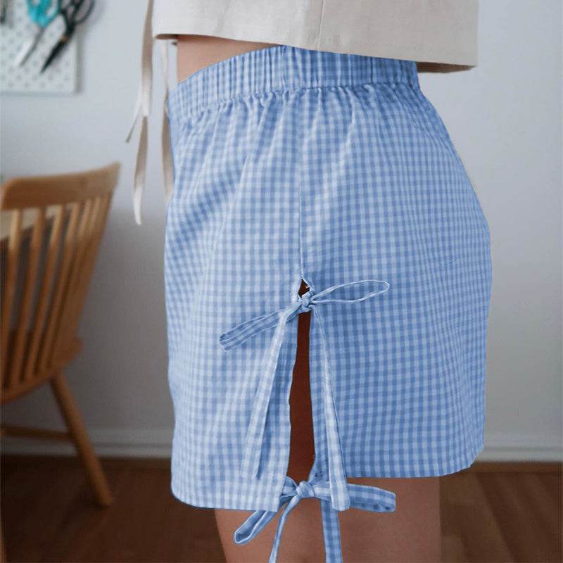 Loose Plaid Print Shorts With Lace-up Design Summer Fashion Y2K Elastic Band Pants For Women - Velora
