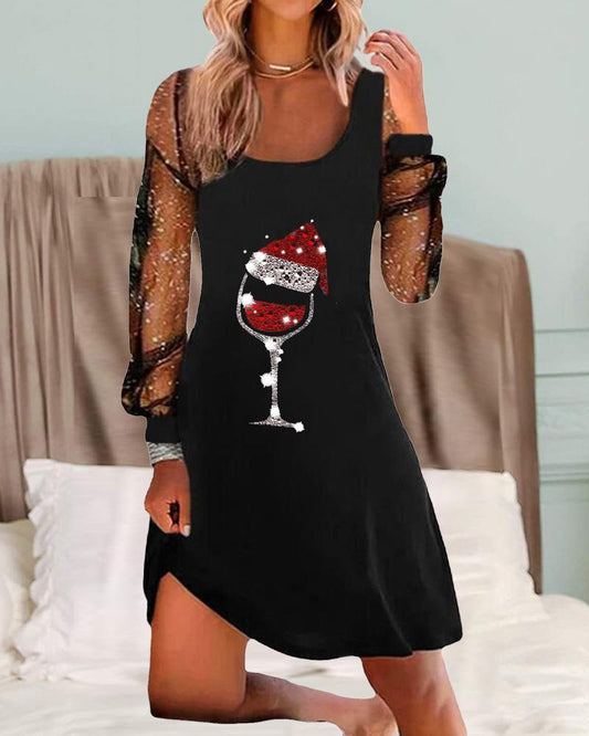 Women's Cocktail Dress Wine Glass Print Polyester - Velora