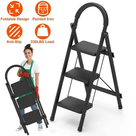 3-Step Folding Ladder, 330lbs Load Capacity, Lightweight 6.94lbs With 1.57in Folding Width, Heavy Duty Steel Construction, Non-Slip Pedals & Feet, Safety Lock, Multi-Use For Home Kitchen Living Room - Velora