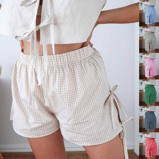 Loose Plaid Print Shorts With Lace-up Design Summer Fashion Y2K Elastic Band Pants For Women - Velora