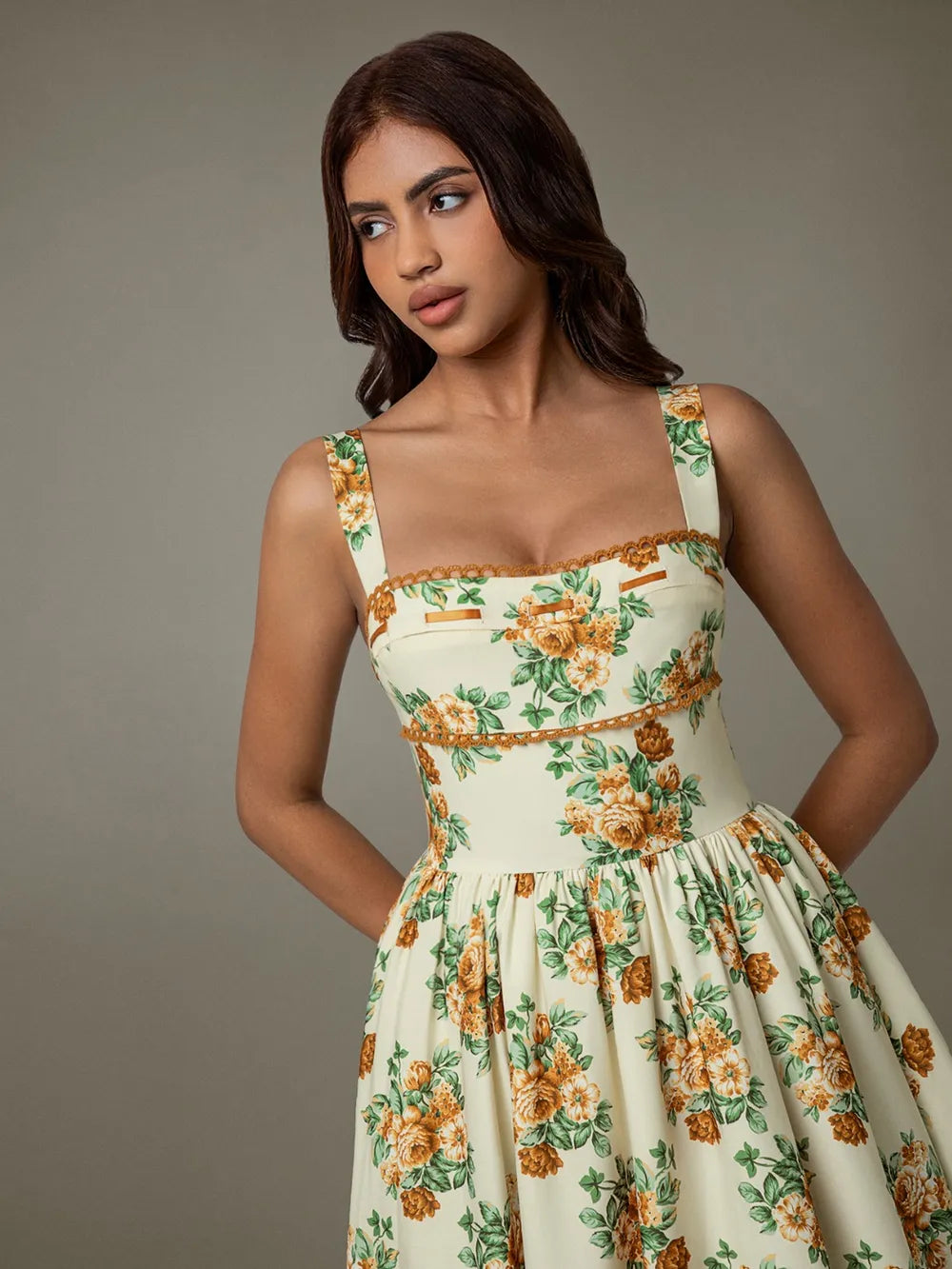 Lace Trim Floral Sleeveless Midi Dress - Velora