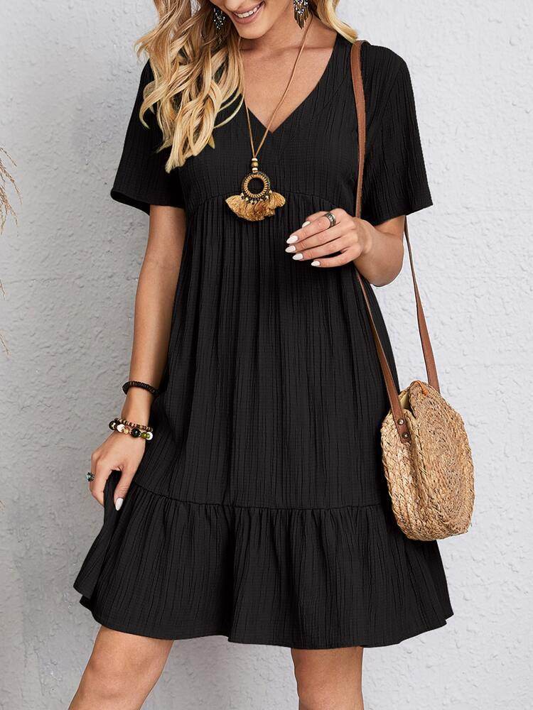 V-neck Short Sleeve Dress Summer Fashion Casual Loose Ruffled Dresses Beach Clothing Women - Velora