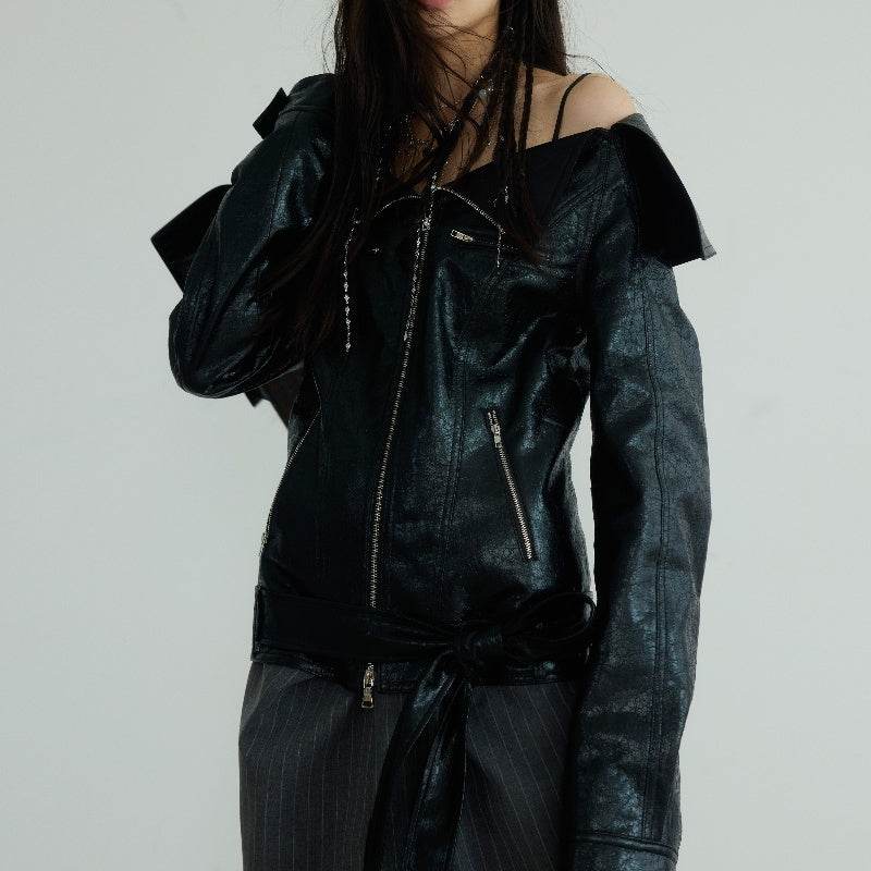 Large Lapel Off-shoulder Chapped PU Leather Narrow Jacket Coat - Velora