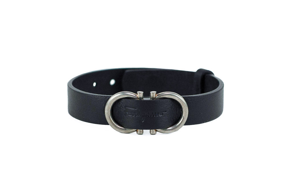 Salvatore Ferragamo Black Calf Leather Gancio Hook Logo Lettering Bracelet