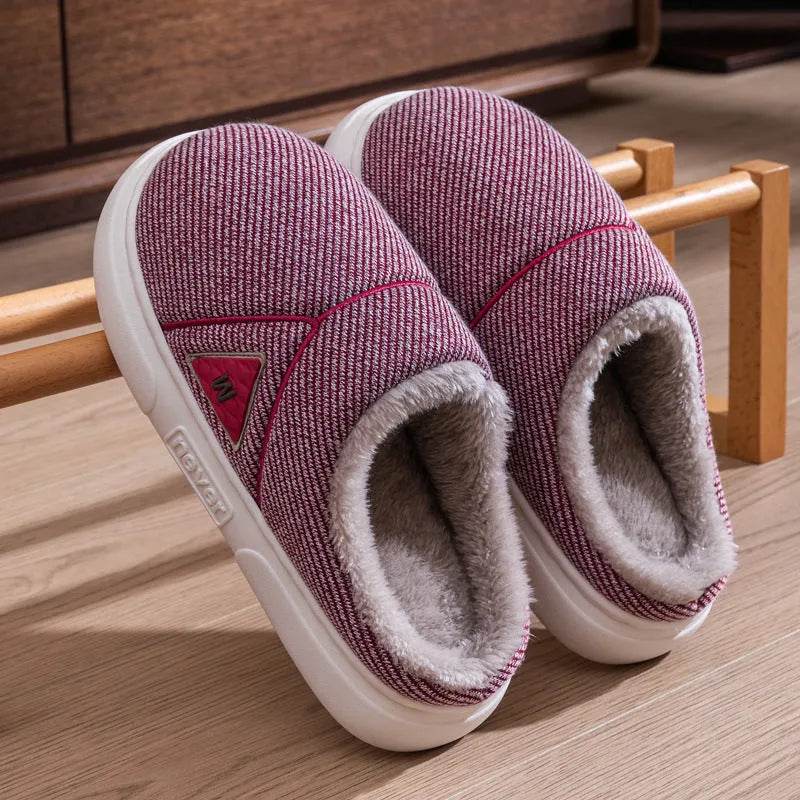 Solid Striped Home Slippers Winter Warm Fleece Shoes Men Indoor Bedroom Floor Plush Slippers For Women Couple - Velora