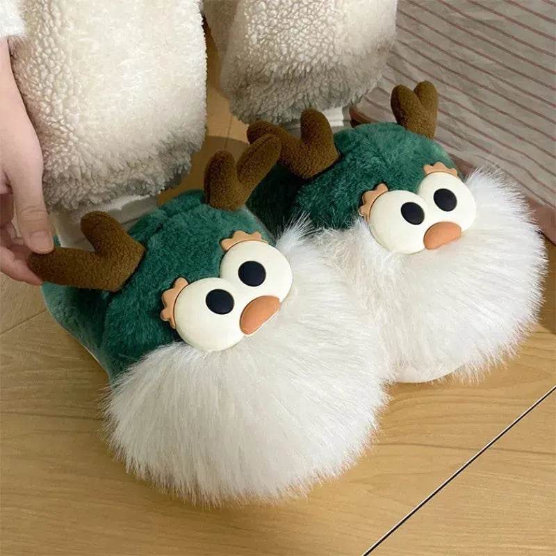 Cute Cartoon Christmas Deer Cotton Shoes Winter Indoor Floor Home Slippers Half-covered Heel Warm Plush Shoes Women - Velora