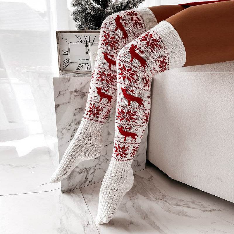 Winter Christmas Warm Knitted Women Stocking Beautiful Elk Snowflake Jacquard Over-the-knee Casual Long Socks For Ladies Gifts Free Size - Velora
