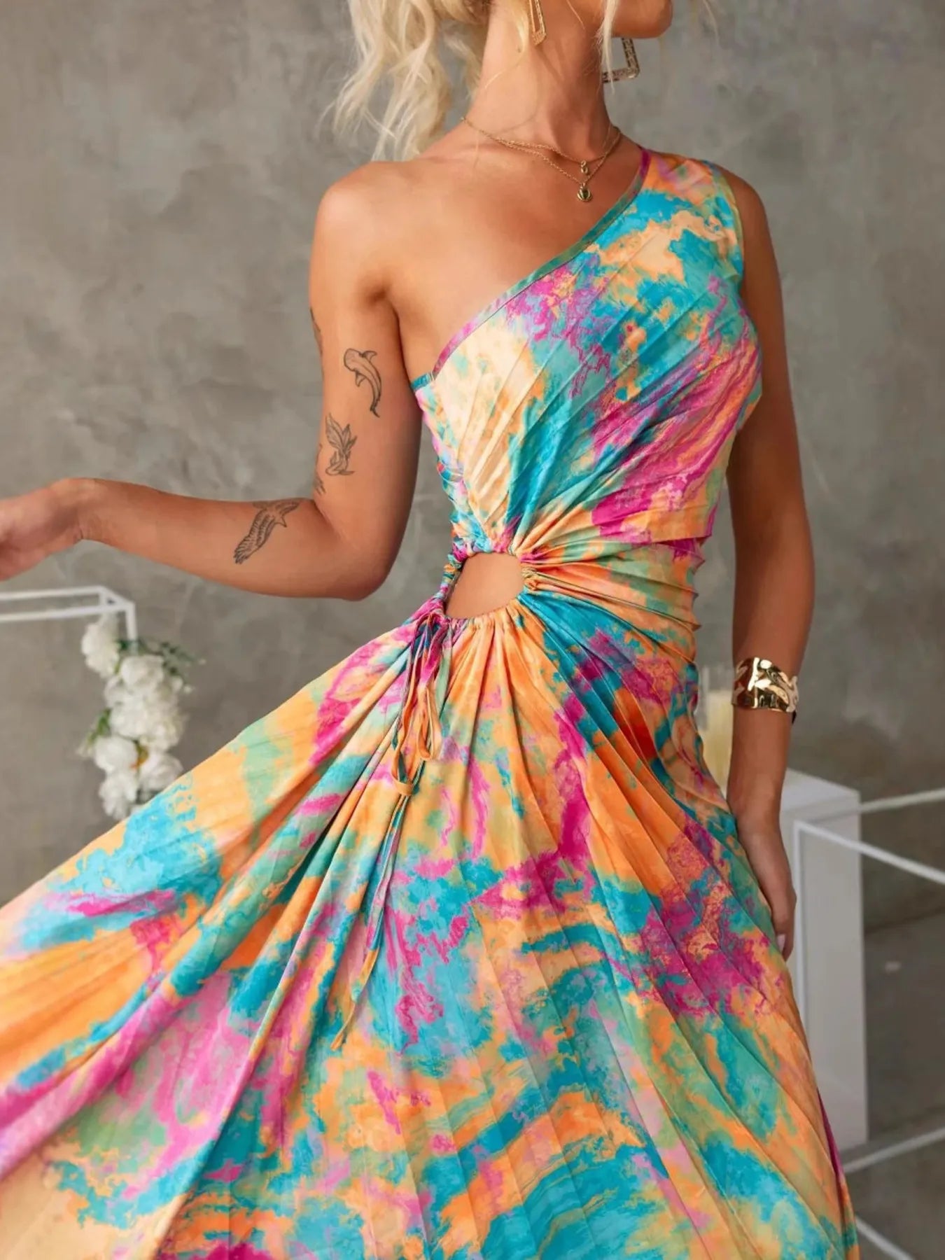 Printed One Shoulder Asymmetrical Maxi Dress - Velora