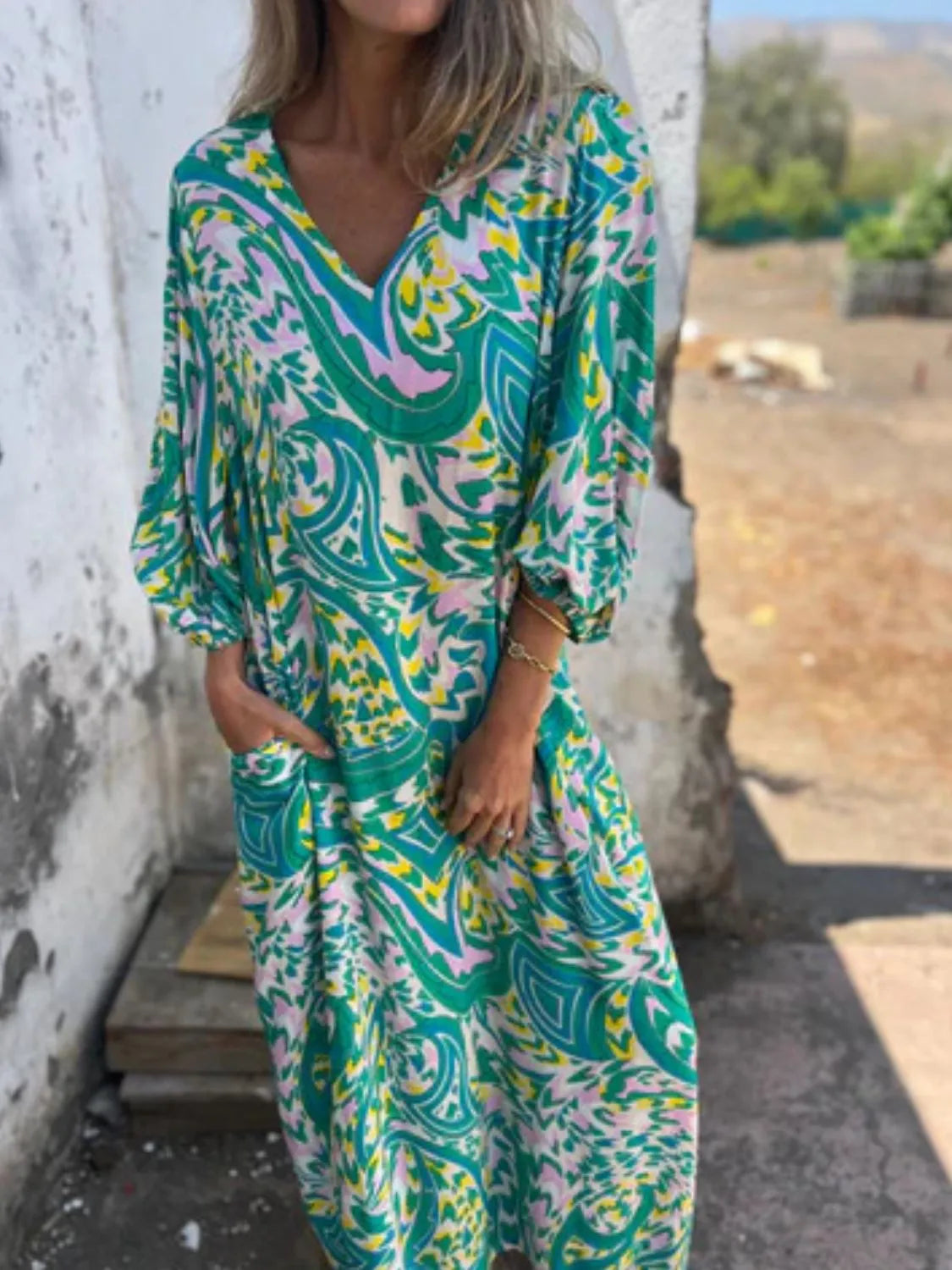 Full Size Printed V-Neck Dress with Pockets Plus Size - Velora