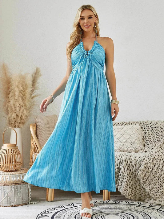 Bohemian Halter Maxi Dress - Women's Summer Sleeveless Flowy Beach Dress - Velora