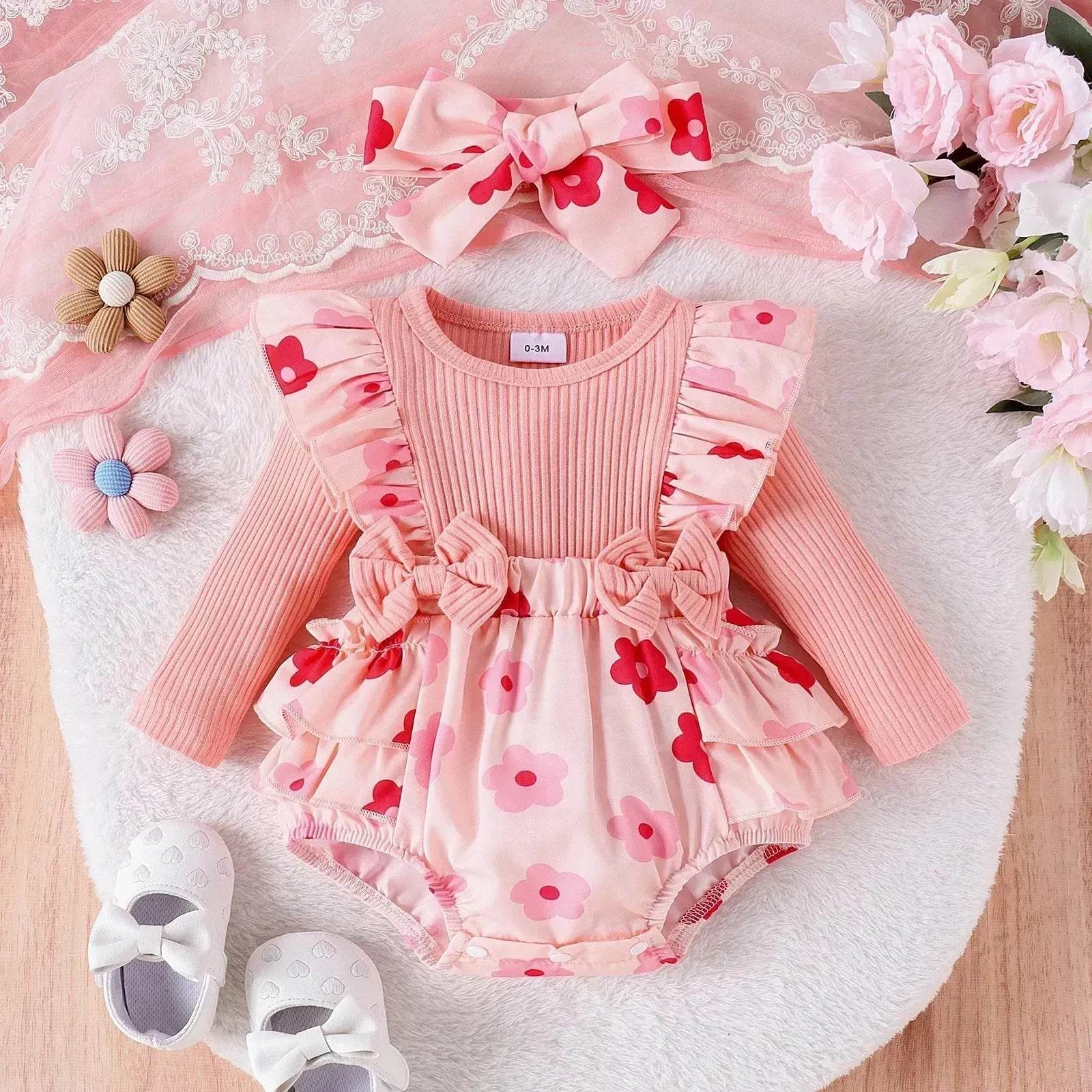 One-piece Romper Pants Bow Headdress Suit Baby girl casual pink romper with head bowtie - Velora