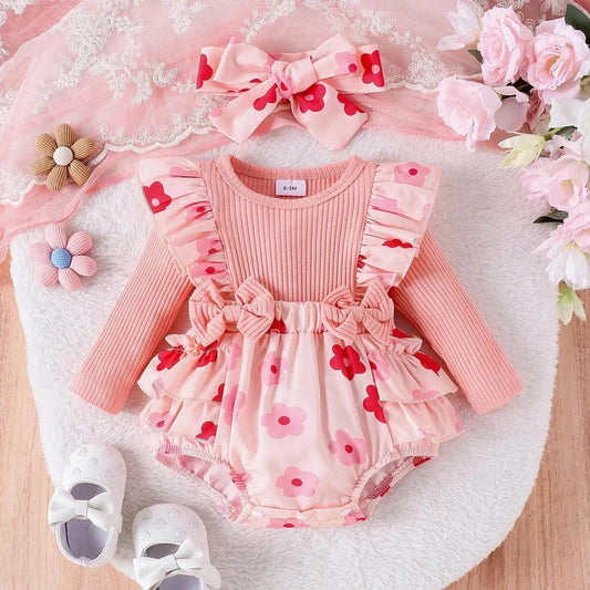 One-piece Romper Pants Bow Headdress Suit Baby girl casual pink romper with head bowtie - Velora