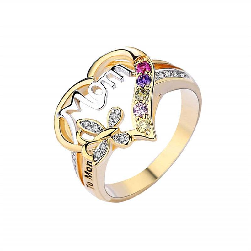 Mother's Day Gift Hollow Heart English Letter Love Mom Rhinestone Butterfly Finger Ring Jewelry Gift - Velora