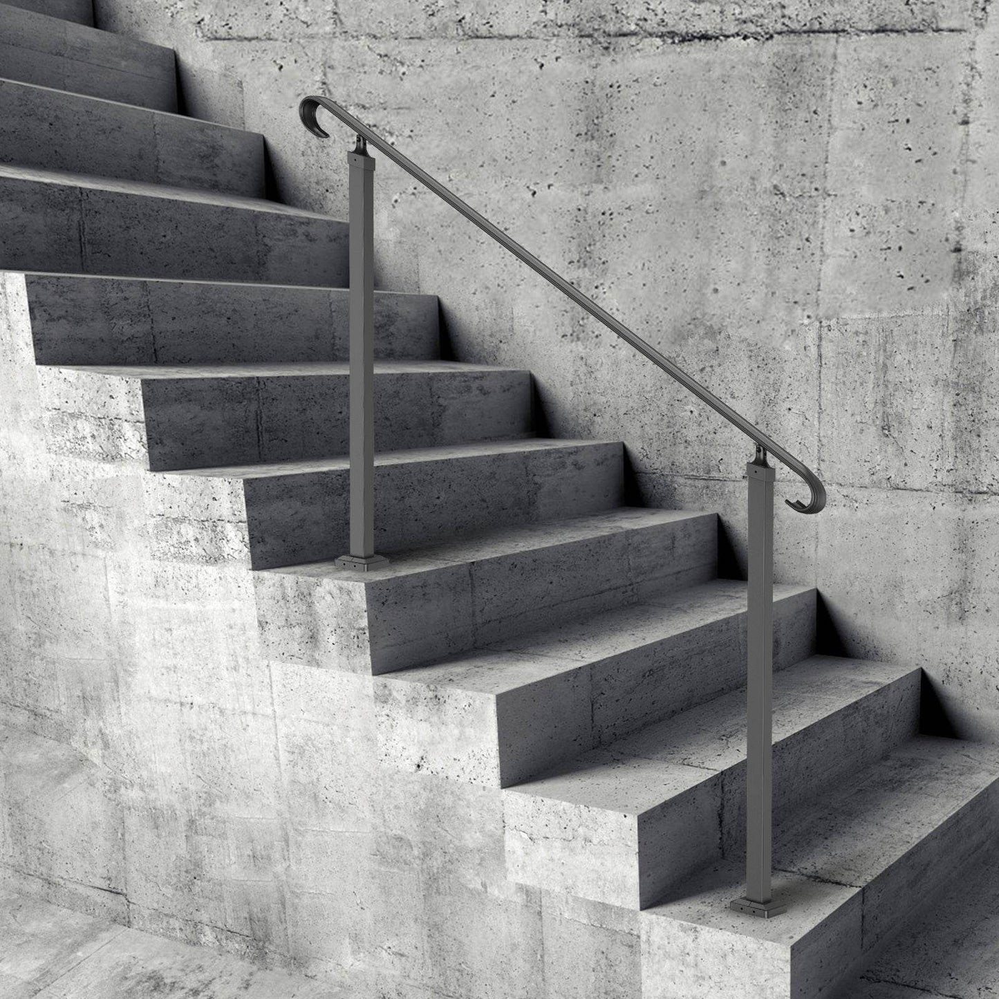 Handrails For Outdoor Steps, Fit 3-5 Steps Outdoor Stair Railing, Wrought Iron Handrail, Flexible Front Porch Hand Rail, Black Transitional Hand Railings For Concrete Steps Or Wooden Stairs - Velora