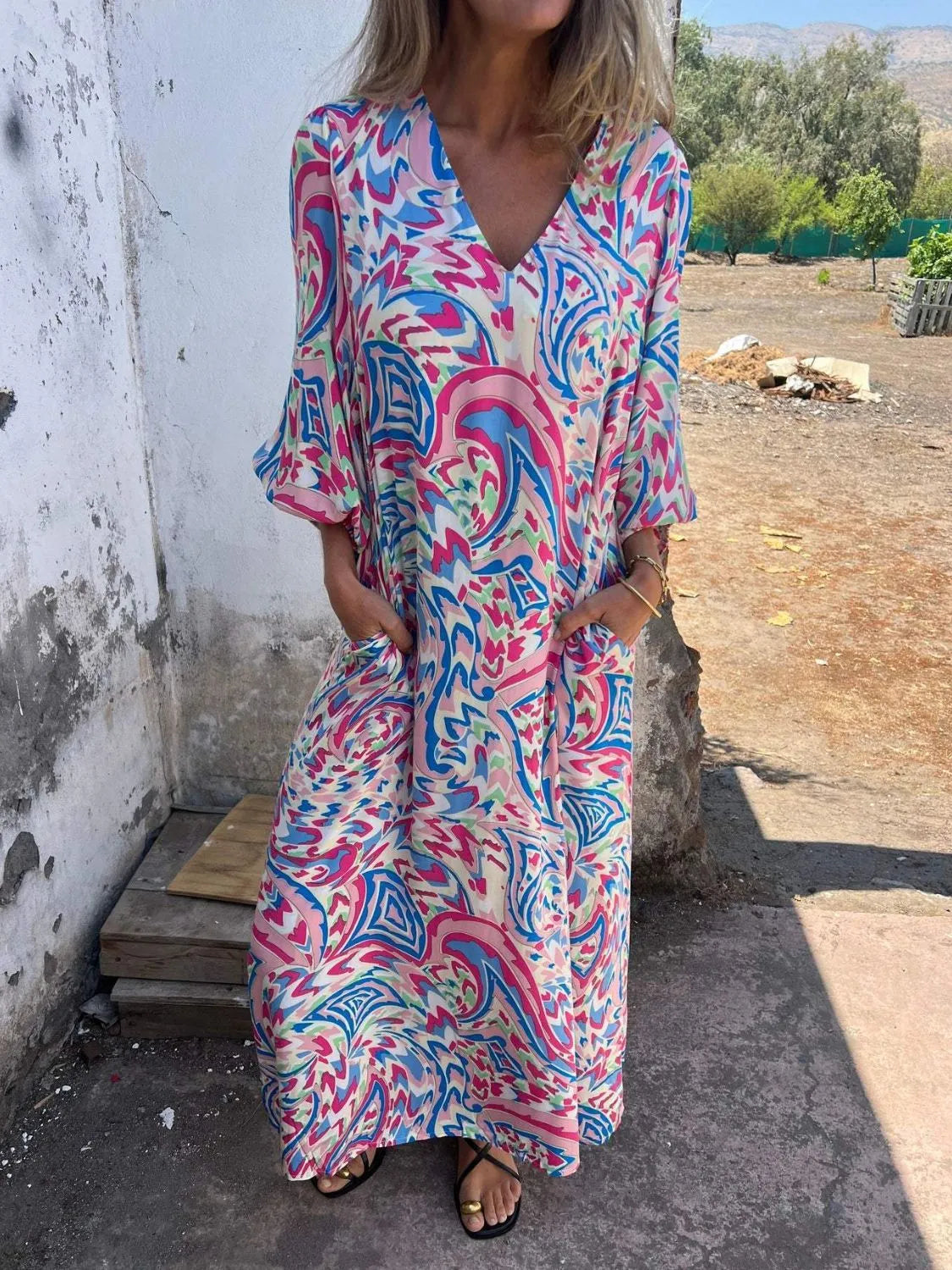 Full Size Printed V-Neck Dress with Pockets Plus Size - Velora