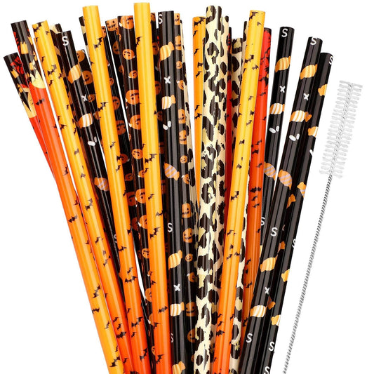 40 Pack Of 9 Inch BPA-Free Halloween Reusable Straws With Colorful Stripe Print Hard Straws For Mason Jars, Mason Glasses, Home Or Party Use, Comes With A Cleaning Brush-Selling On Amazon Is Prohibite - Velora
