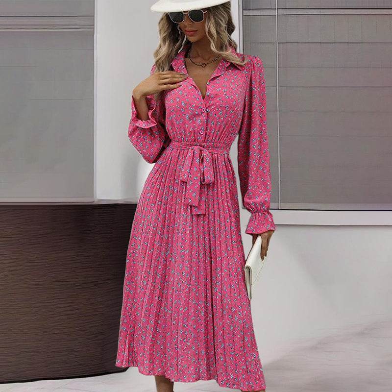 Women's Long Sleeve Midi Dress V Neck Button Down Belted A-Line Flowy - Velora