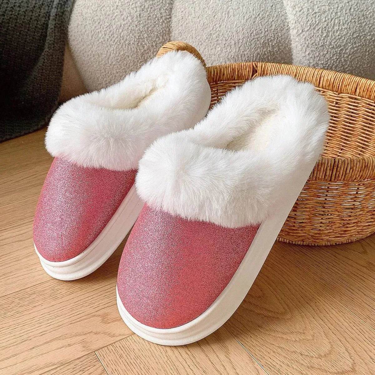 Fashion Frosted Sequined Plush Slippers Winter Warm Home Indoor Non-slip Bedroom Floor Fuzzy Slipper For Couple Women House Shoes - Velora