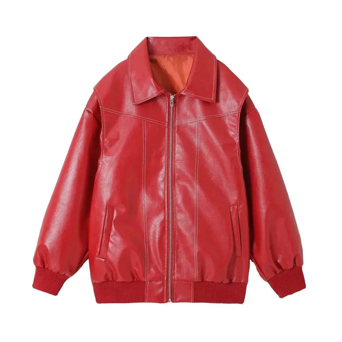 Oversized Fashion Zip-up Lapel Leather Jacket for women - Velora