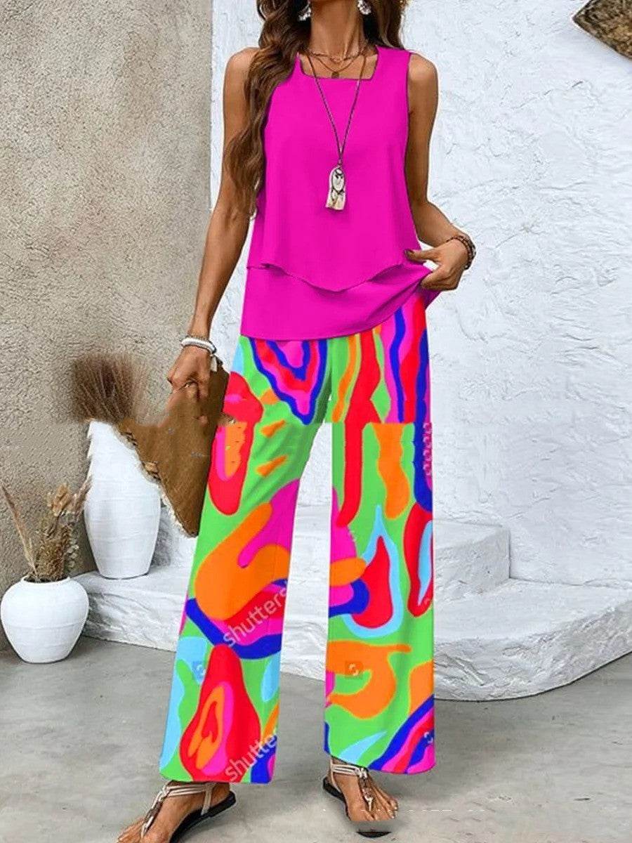 Print Suits Sleeveless Double-layer Vest And Loose Straight Pants Womens Clothing - Velora