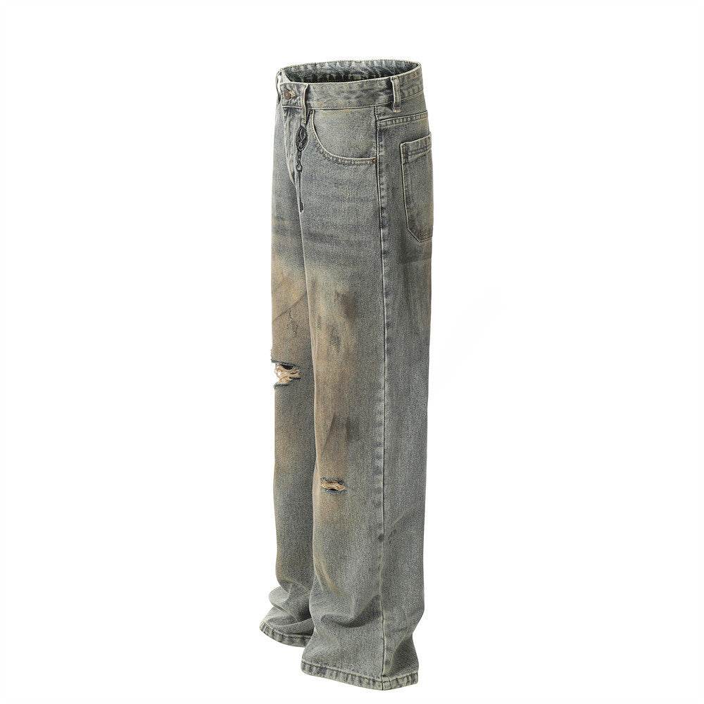 Hole Denim Men Trousers Heavy Industry Washing Jeans - Velora