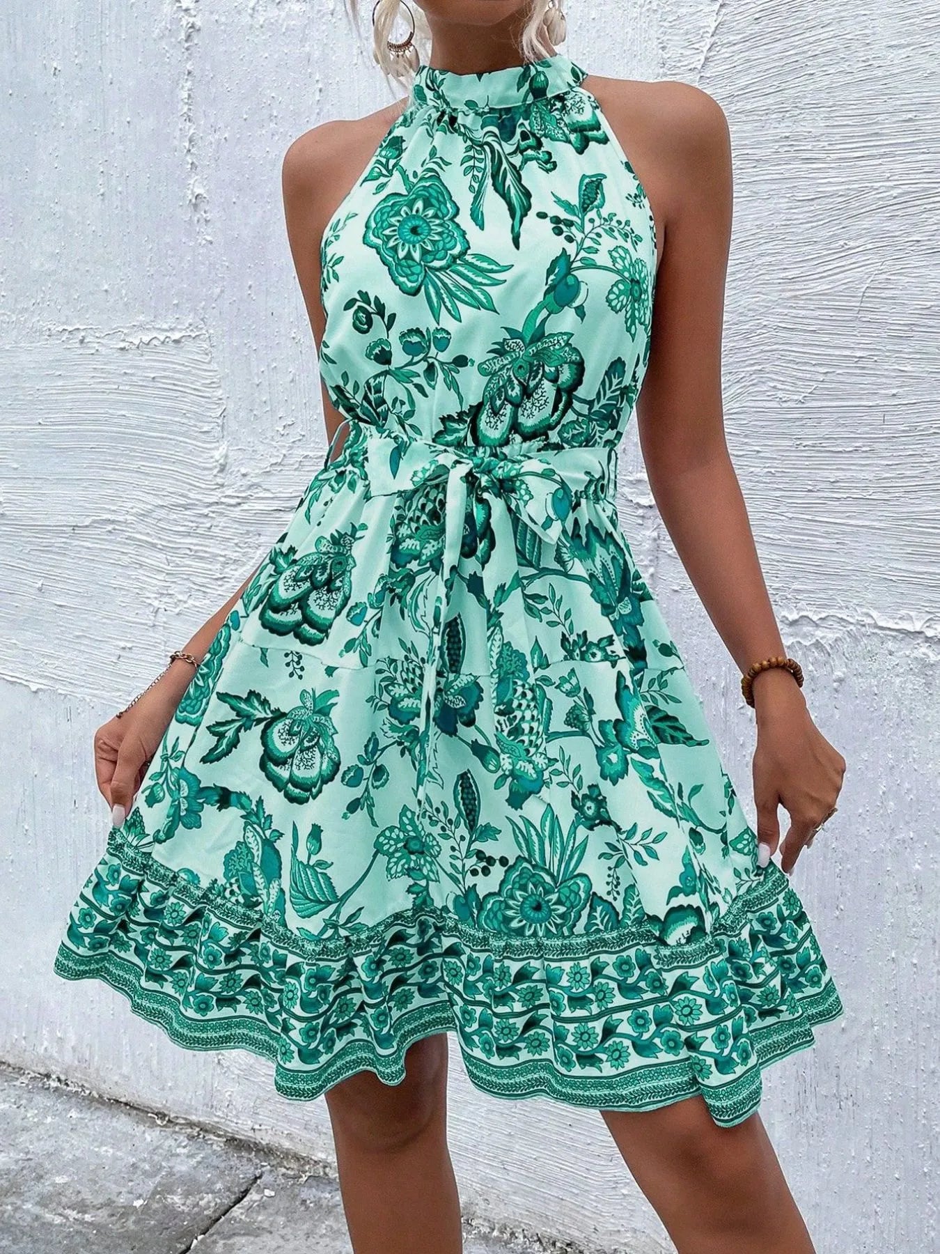 Floral Halter Neck Summer Dress with Belt - Velora