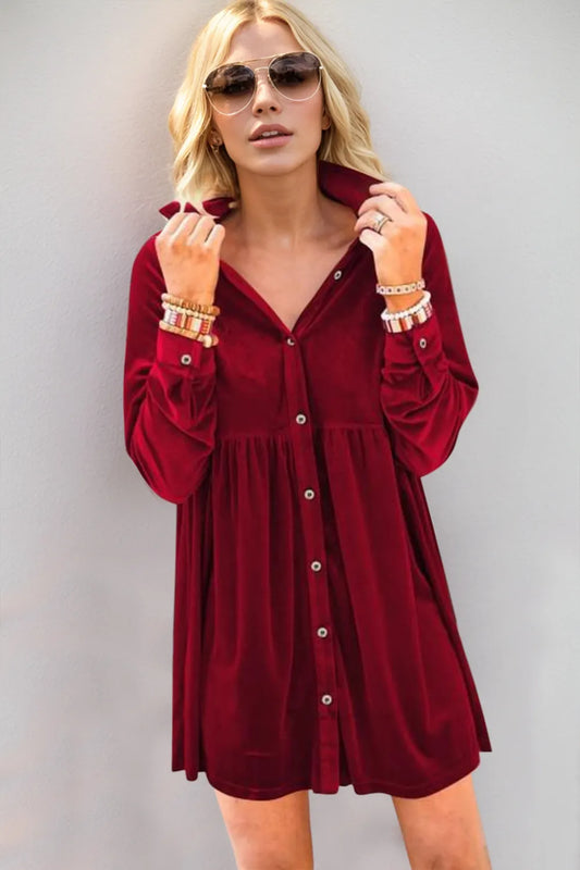 Oh Full Size Collared Neck Long Sleeve Mini Dress - Velora