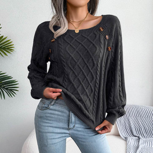 Square Neck Knitted Sweater With Button Design Winter Warm Long Sleeve Tops Women's Clothing - Velora