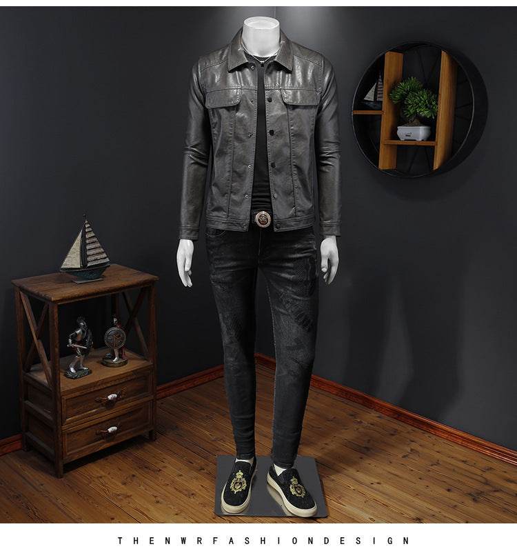 Men's Long-sleeved Lapel Motorcycle Pu Handsome Leather Coat - Velora