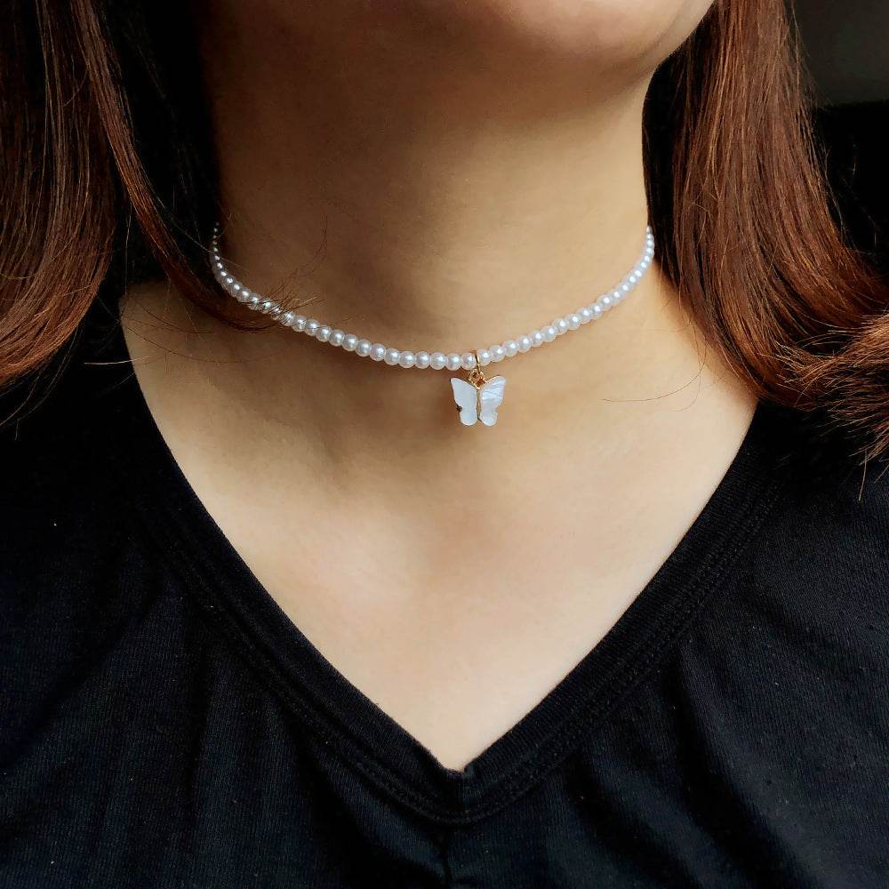Elegant White Pearl Choker Necklace Small Round Pearl Wedding Butterfly Necklace For Women Charm Fashion Jewelry - Velora