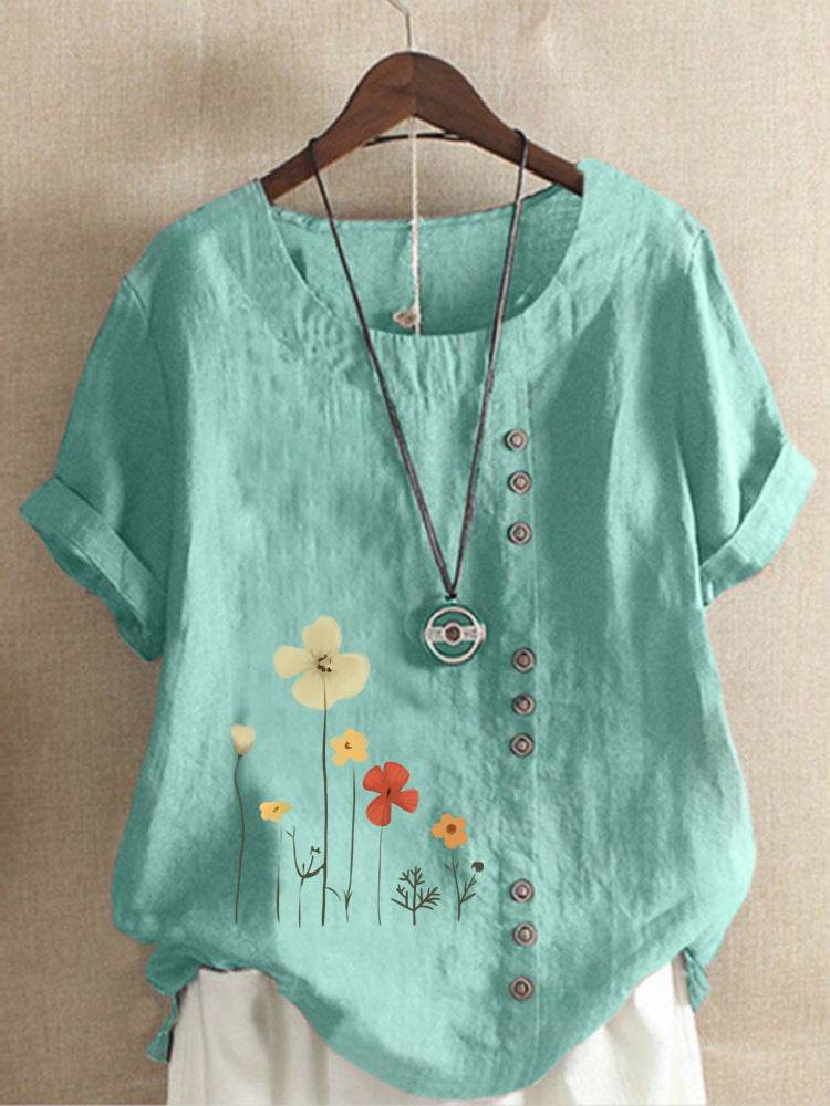 Casual Summer Beach Cotton And Linen Printed Elegant Short Sleeve blouse Top Women - Velora