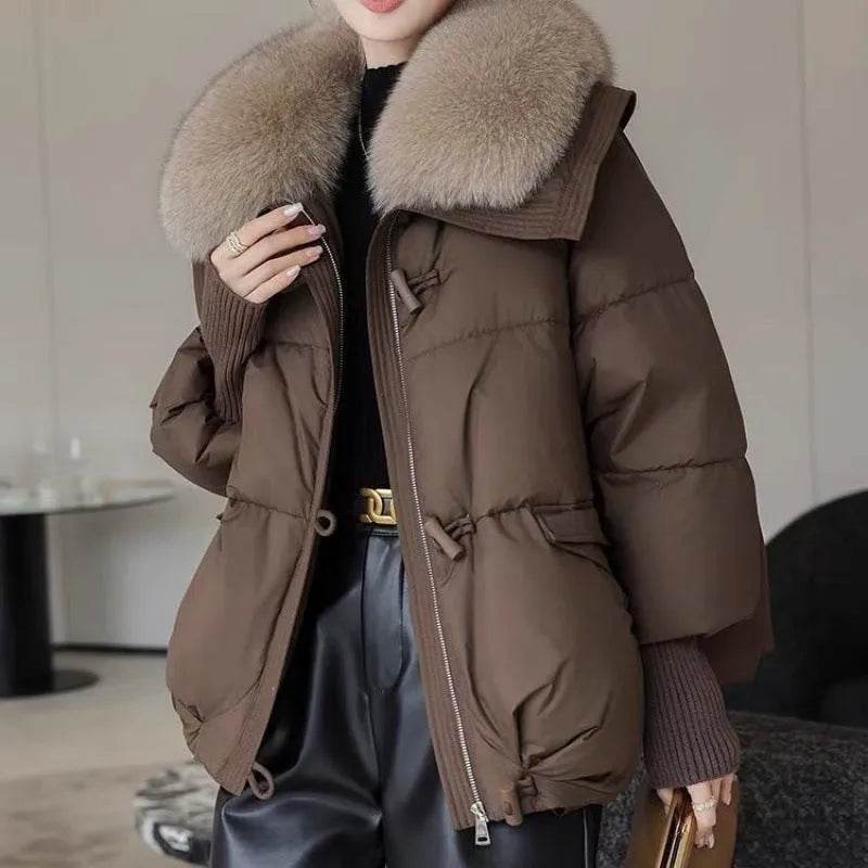 Women Cotton-padded Down Jacket Fur Collar Thick Puffer Winter Coat - Velora