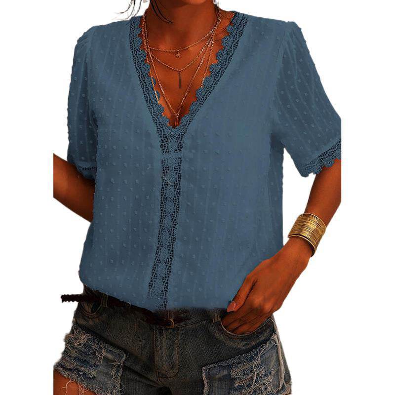 Women Chiffon blouse top European And American spring summer Embroidered Lace Short-Sleeved Blouse Women - Velora