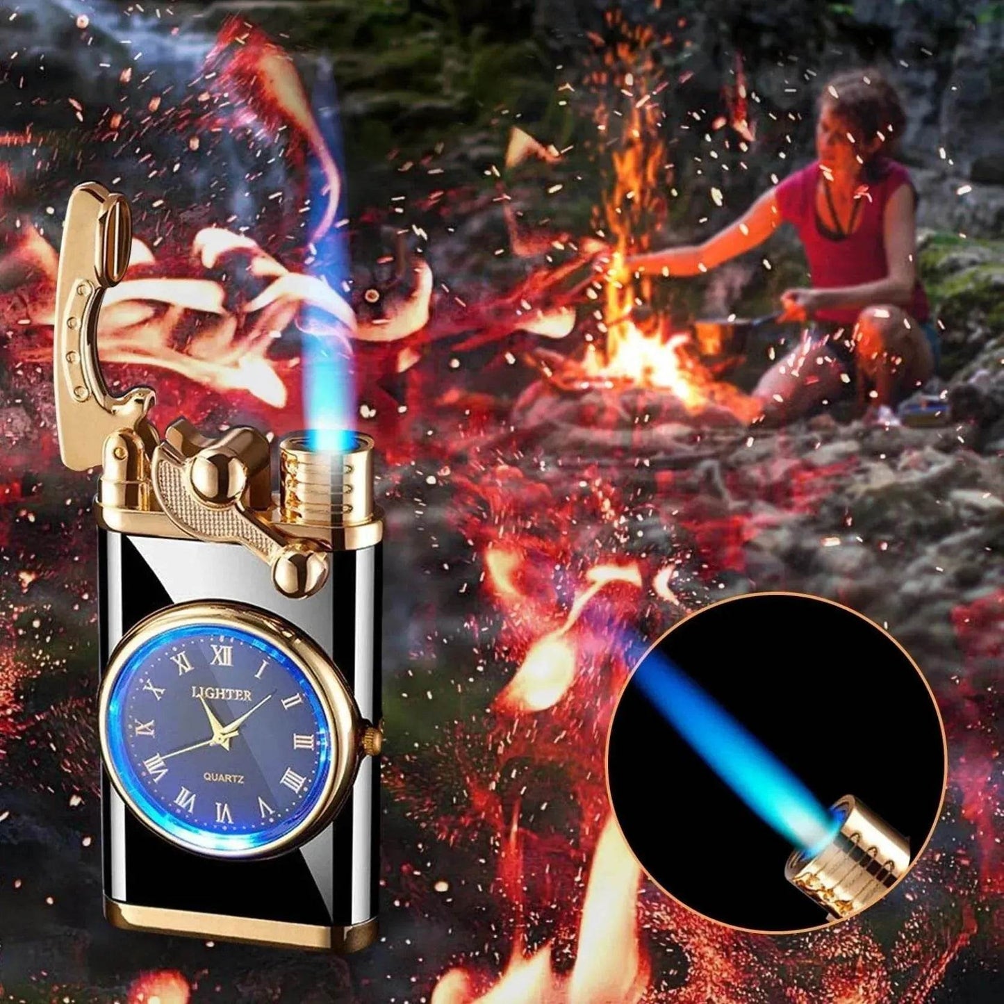 New Lighter With Electric Watch Rocker Arm Automatic Ignition Straight Blue Flame Lighter Creative Real Dial Inflatable Windproof Cigar Lighter Men's Watch Gift - Velora