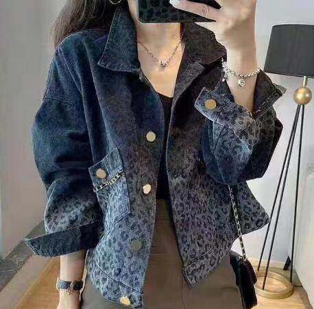 Black Retro Leopard Print Denim Jacket For Women - Velora
