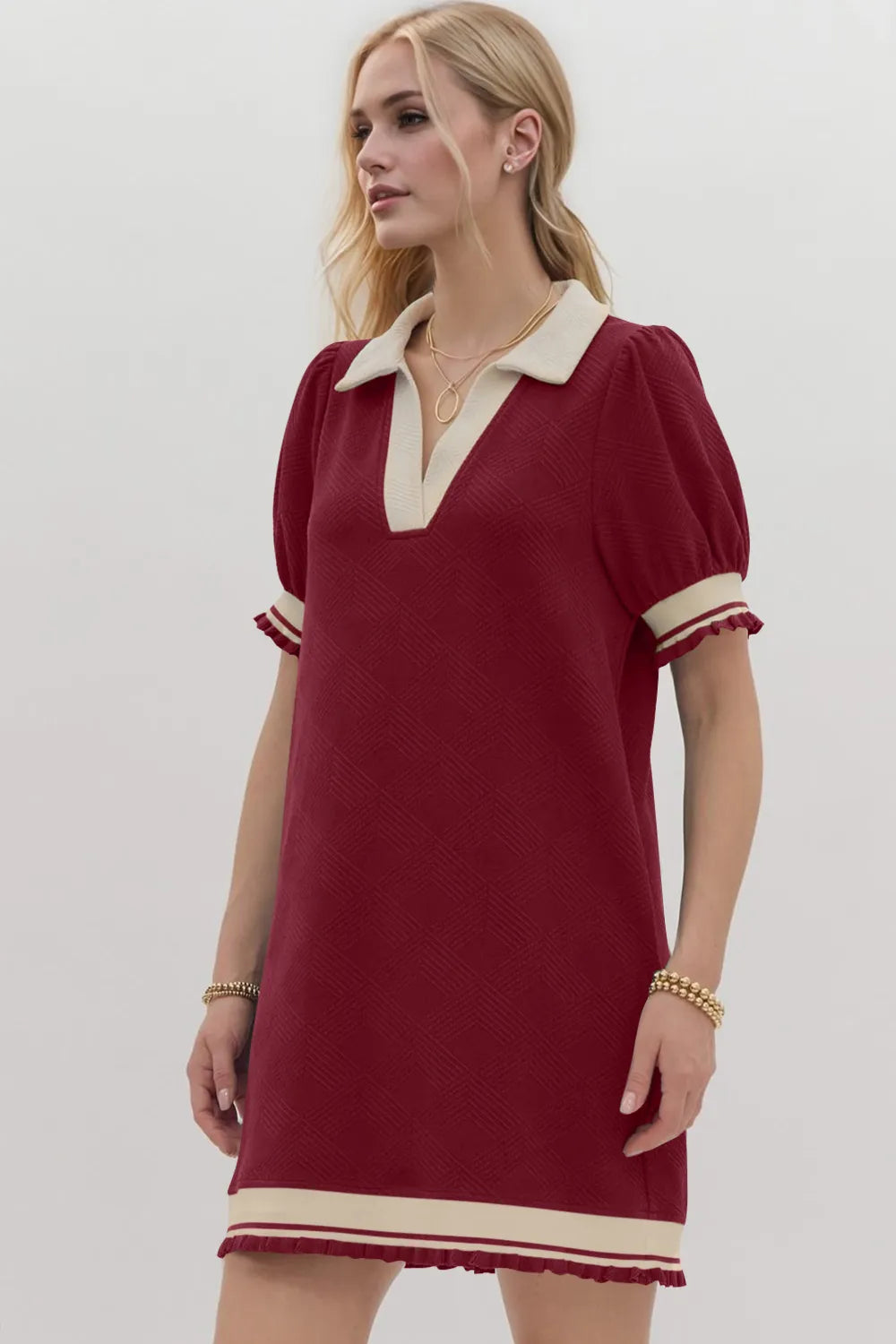 Oh Frill Contrast Trim Johnny Collar Short Sleeve Mini Dress - Velora