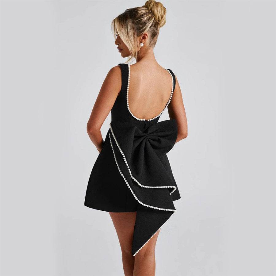 Fashion Big-Bowed Pearls Backless Dress Summer Slim Sleeveless A-line Dresses For Party Evening Women's Clothing - Velora