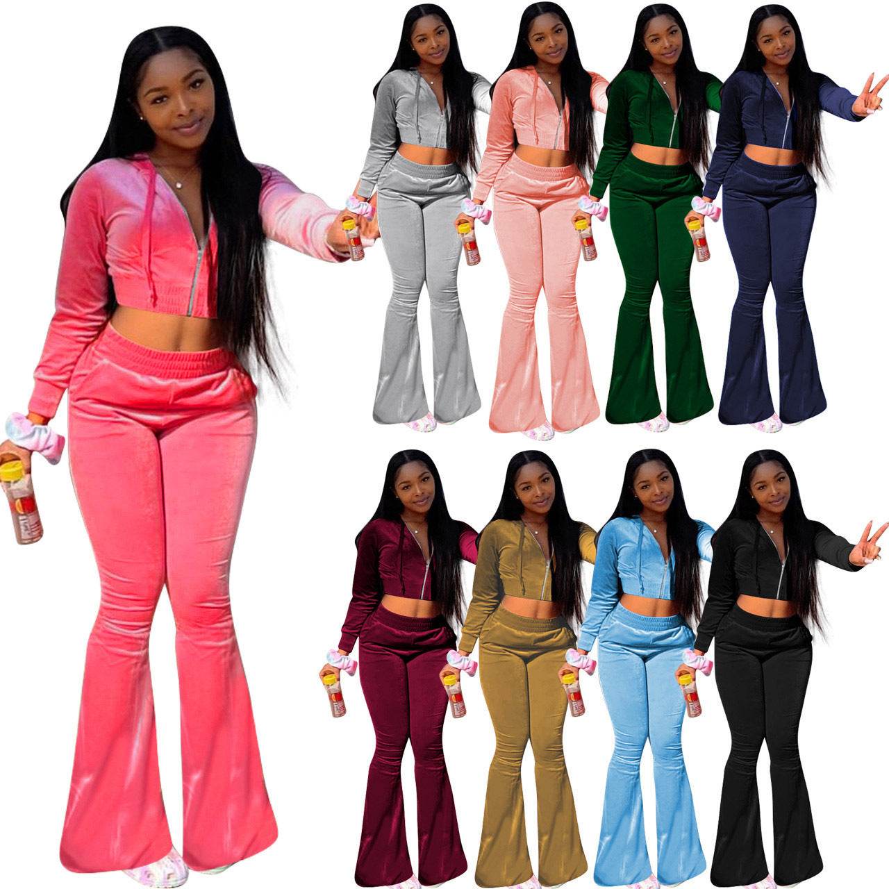 Women 2pcs Velvet Hoodie Wide leg Pant Crop top sweatsuit Athleisure Outfit - Velora