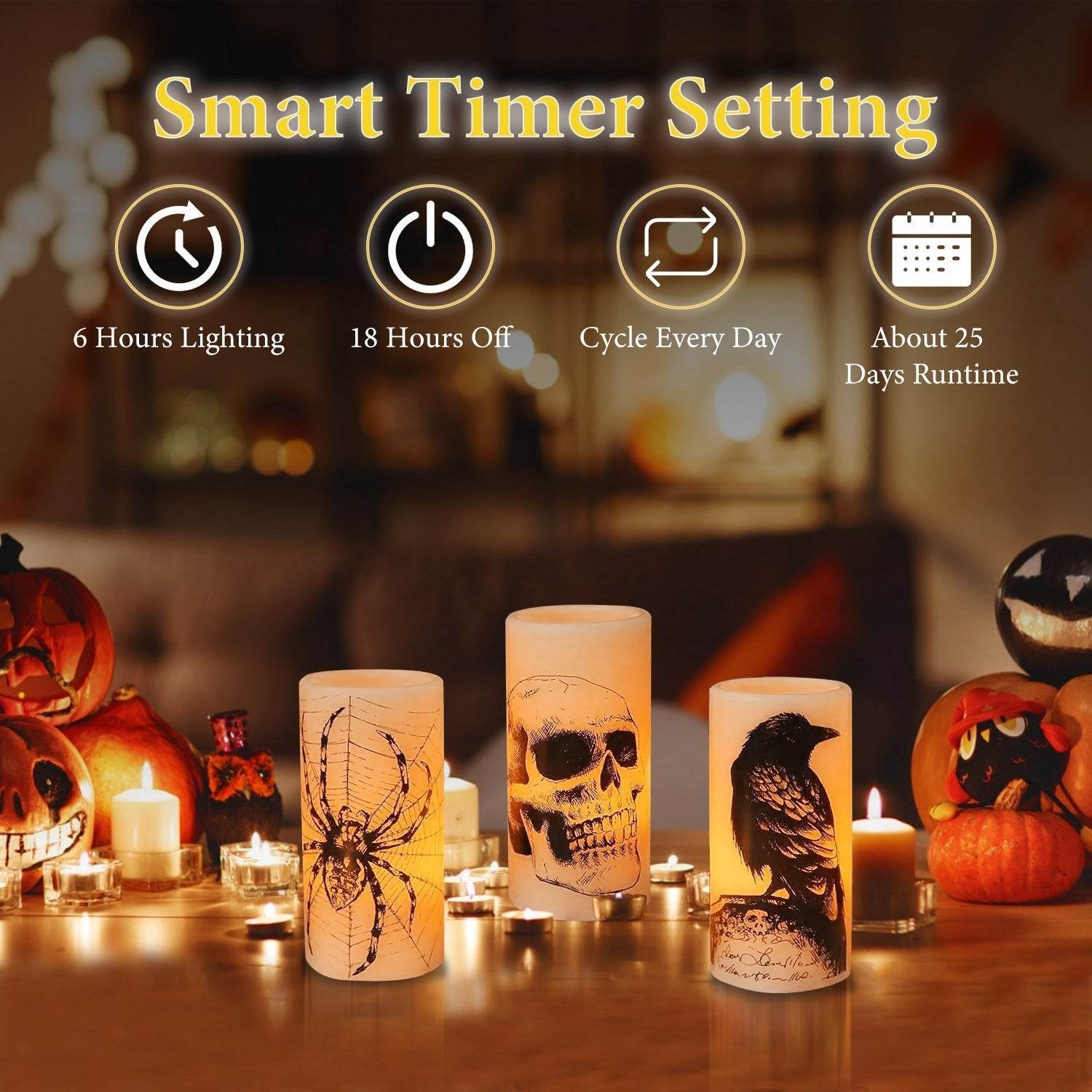 3 Pack Halloween Flameless Candle Lamp With Timer Setting Battery Operated Warm Orange Light Candles For Halloween Party Decoration - Velora