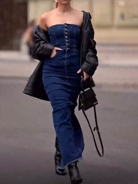 Strapless Button Denim Dress Tube top Long Jeans Dress - Velora