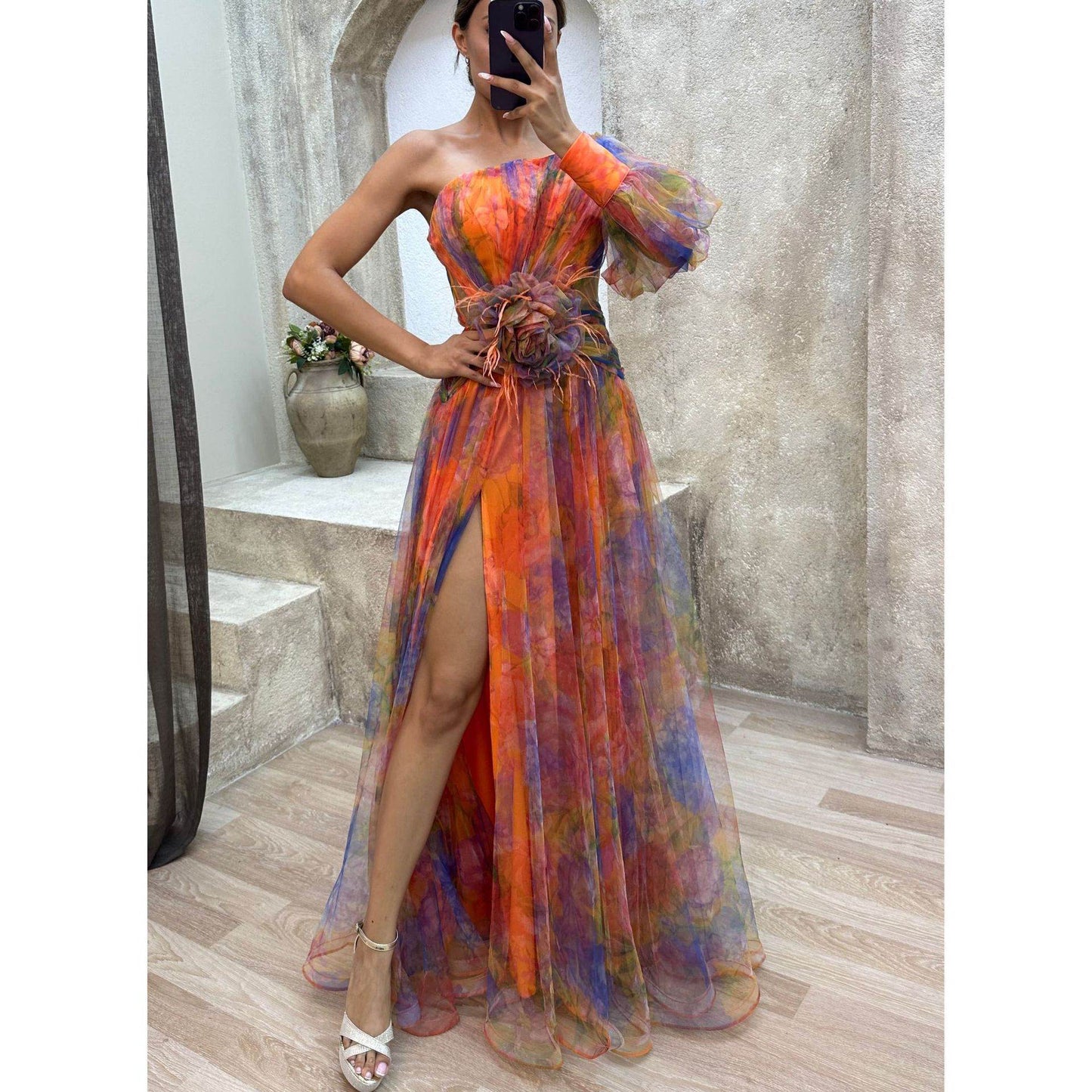 Mesh Tie-dye Printed Off-shoulder Slit Dress Summer INS Fashion Long Dress Party Womens Clothing - Velora