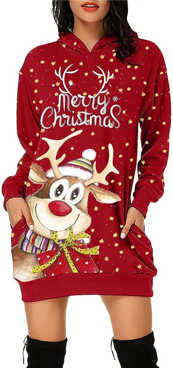 Women's Long-sleeved Christmas Hoodie Sweatshirt Dress Winter - Velora