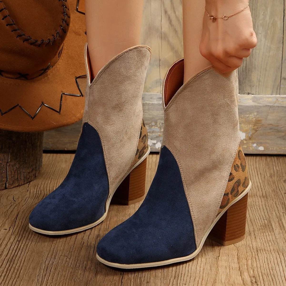 Fashion Splicing Suede Boots Retro Pointed-toe Square High Heel Mid-calf Boots For Women Fall And Winter Shoes - Velora