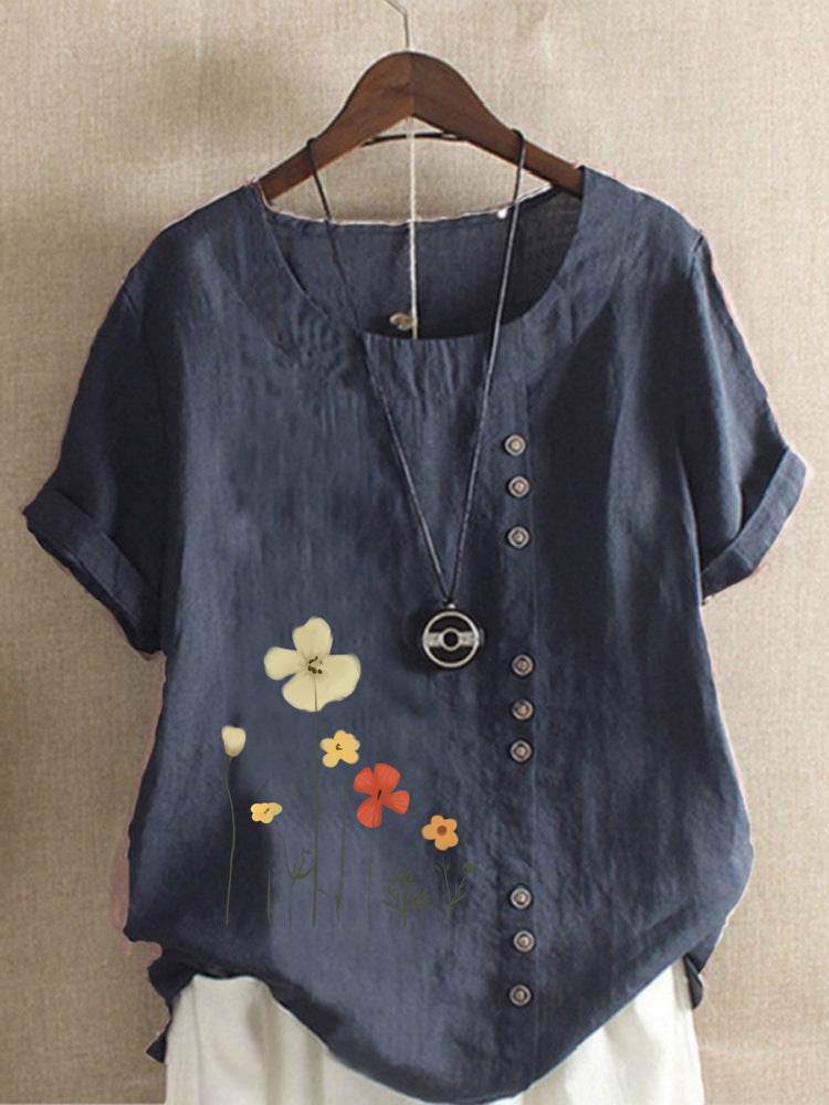 Casual Summer Beach Cotton And Linen Printed Elegant Short Sleeve blouse Top Women - Velora