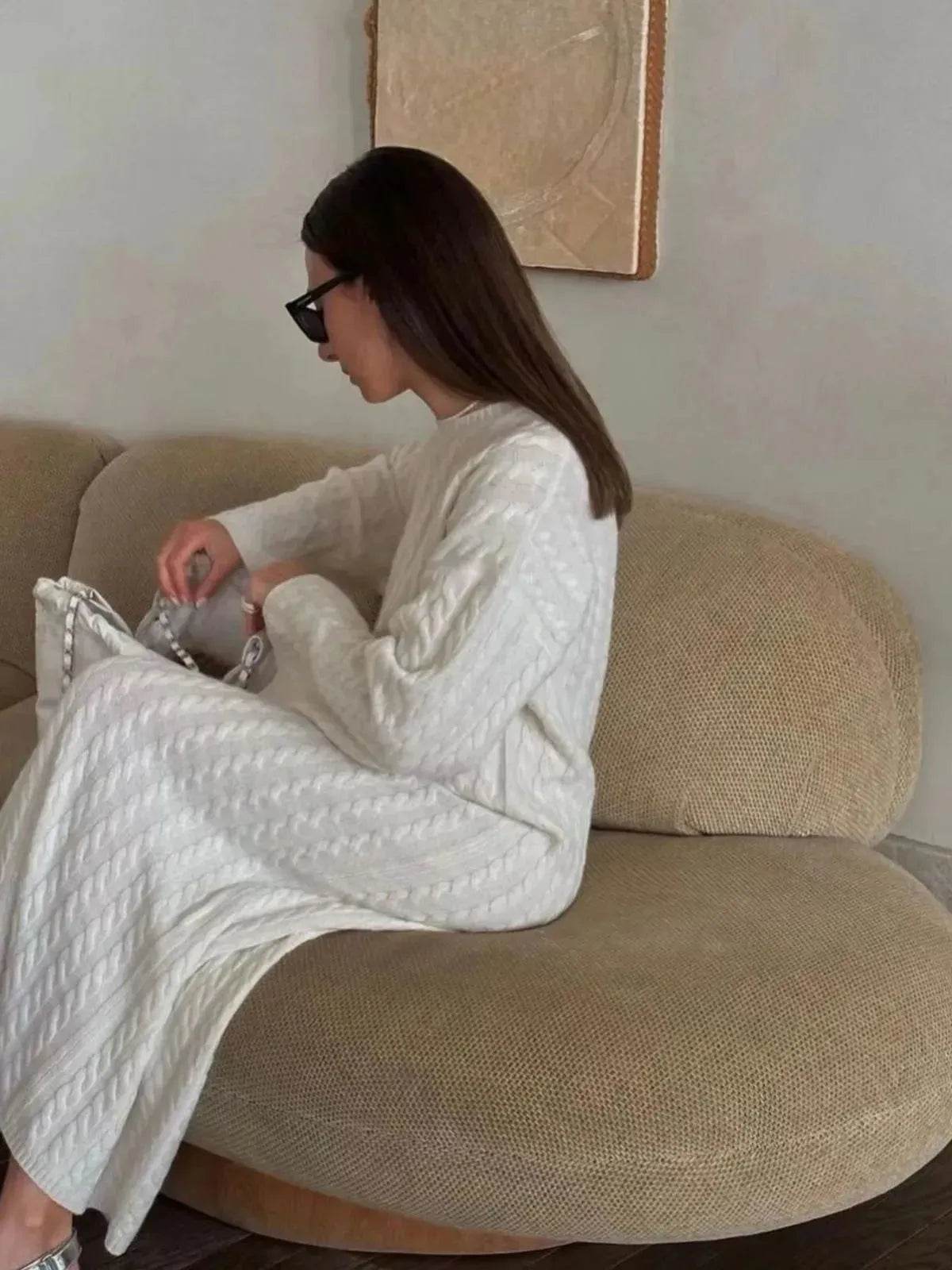 Loose Woolen Midi Twisted Knitted Thick Winter sweater Dress - Velora