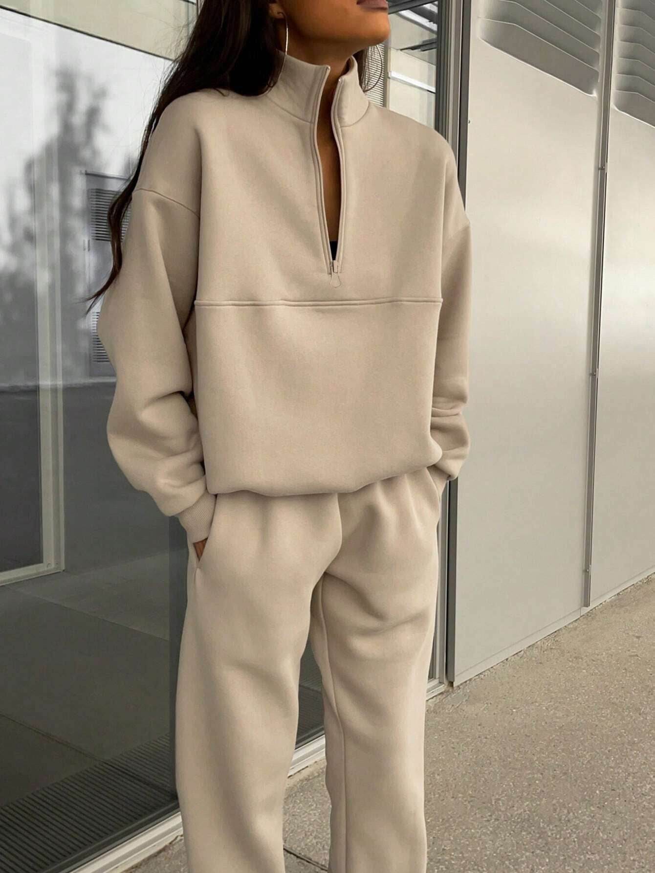 Long-sleeved Sports Sweatshirt Suit Fashion Stand-up Collar Zip-up Top And Elastic Band Trousers With Pocket Srping Fall Clothing For Women - Velora
