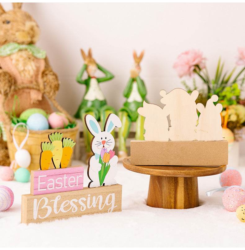 Easter Supplies Easter Rabbit Holding Flower Wooden Decoration - Velora